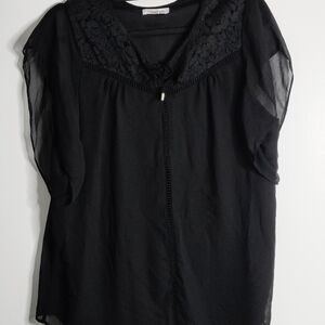 Calvin Klein Black Lace V-Neck Flutter Sleeve Blouse - Size L
